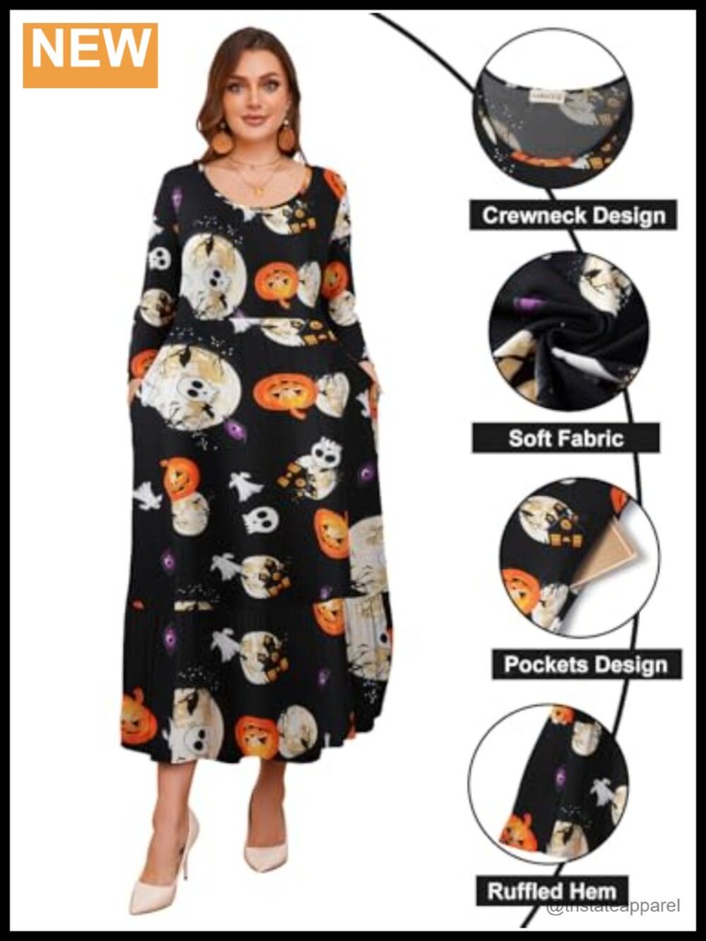 Plus Size Maxi Dress 3/4 Sleeve Crew Neck Swing with Pockets - Picture 3 of 6